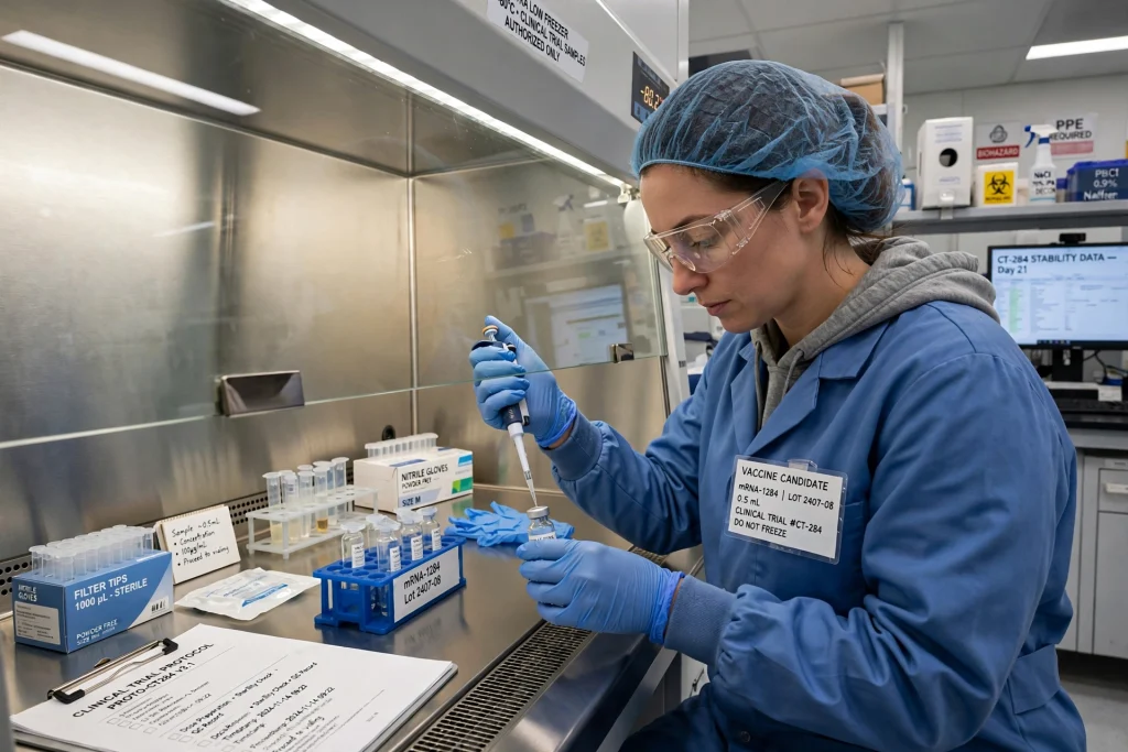 Analyst reviewing charts from an early stage cancer vaccine trial