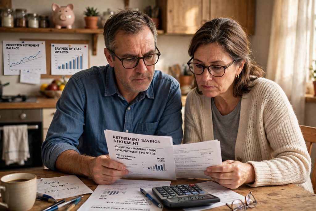 A couple around age 50 reviews retirement savings statements and household finances at a kitchen table.