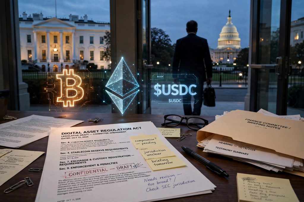 Patrick Witt Leaves White House Crypto Role as CLARITY Act Stalls in the Senate The White House and Capitol with cryptocurrency symbols and a legislative document, symbolising stalled US crypto regulation.